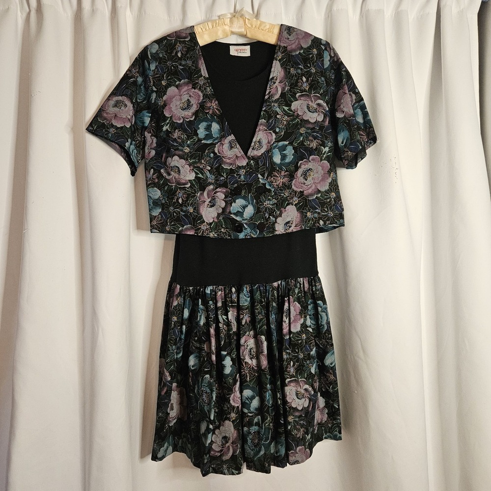 Vintage 80s Glenfrey Fashions Purple Floral Mini Dress 2‎ Piece Look Sz 7/8 - Picture 5 of 7